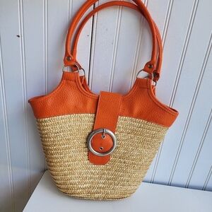 Axiz 100% Straw Purse Orange Beach Tote Use With Straw Hat For That Sunny Day
